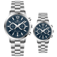 Branded couple wrist watches in pakistan. A pair of silver stainless steel watches with white dials and chronograph features.