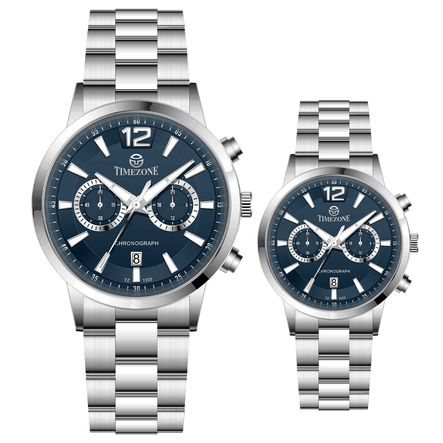 Branded couple wrist watches in pakistan. A pair of silver stainless steel watches with white dials and chronograph features.