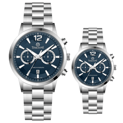 Branded couple wrist watches in pakistan. A pair of silver stainless steel watches with white dials and chronograph features.