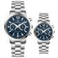 Branded couple wrist watches in pakistan. A pair of silver stainless steel watches with white dials and chronograph features.