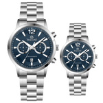 Branded couple wrist watches in pakistan. A pair of silver stainless steel watches with white dials and chronograph features.