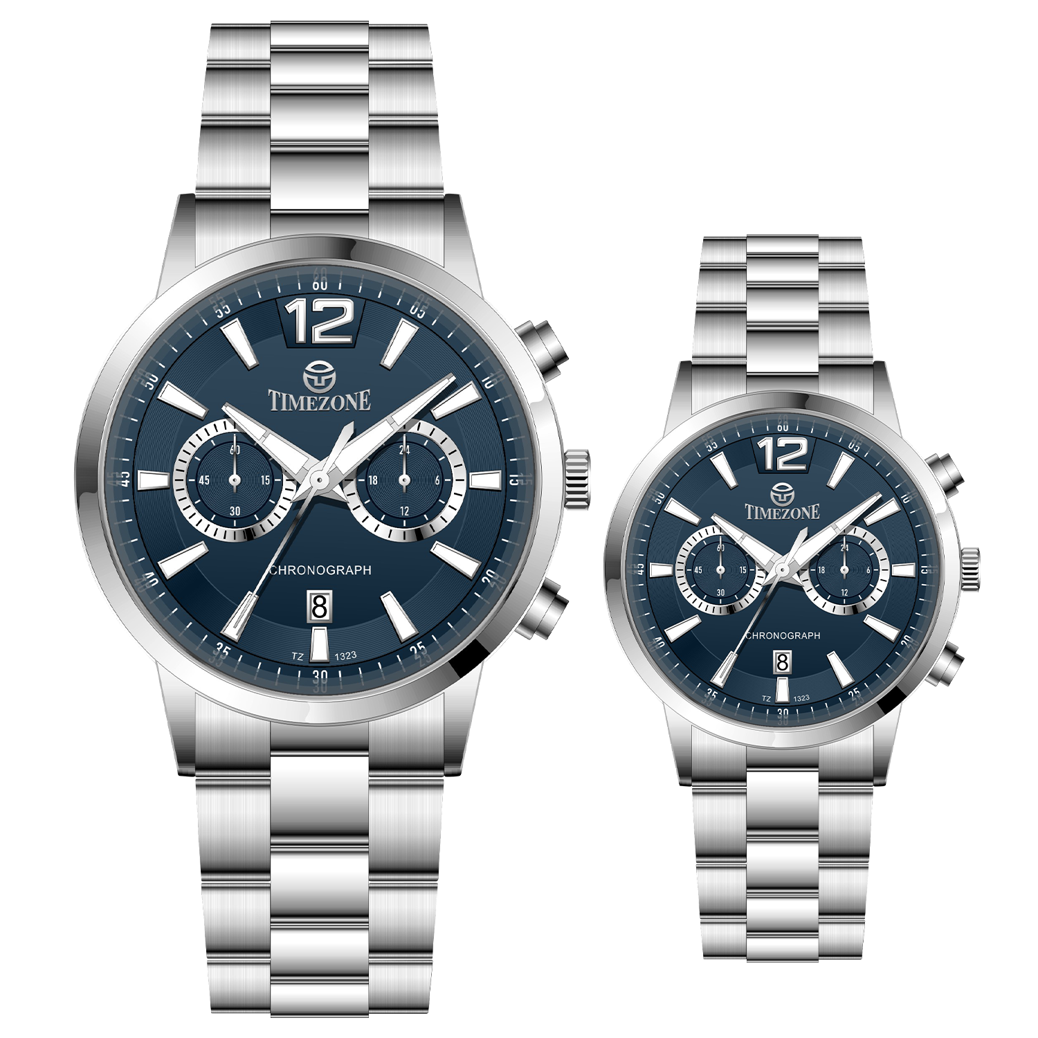 Branded couple wrist watches in pakistan. A pair of silver stainless steel watches with white dials and chronograph features.