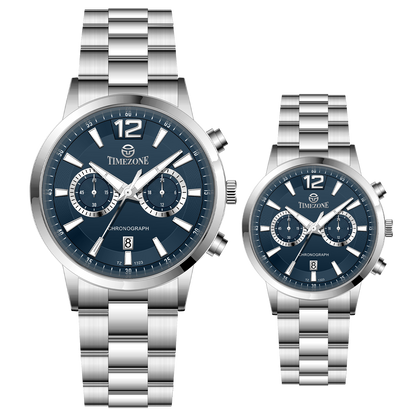 Branded couple wrist watches in pakistan. A pair of silver stainless steel watches with white dials and chronograph features.