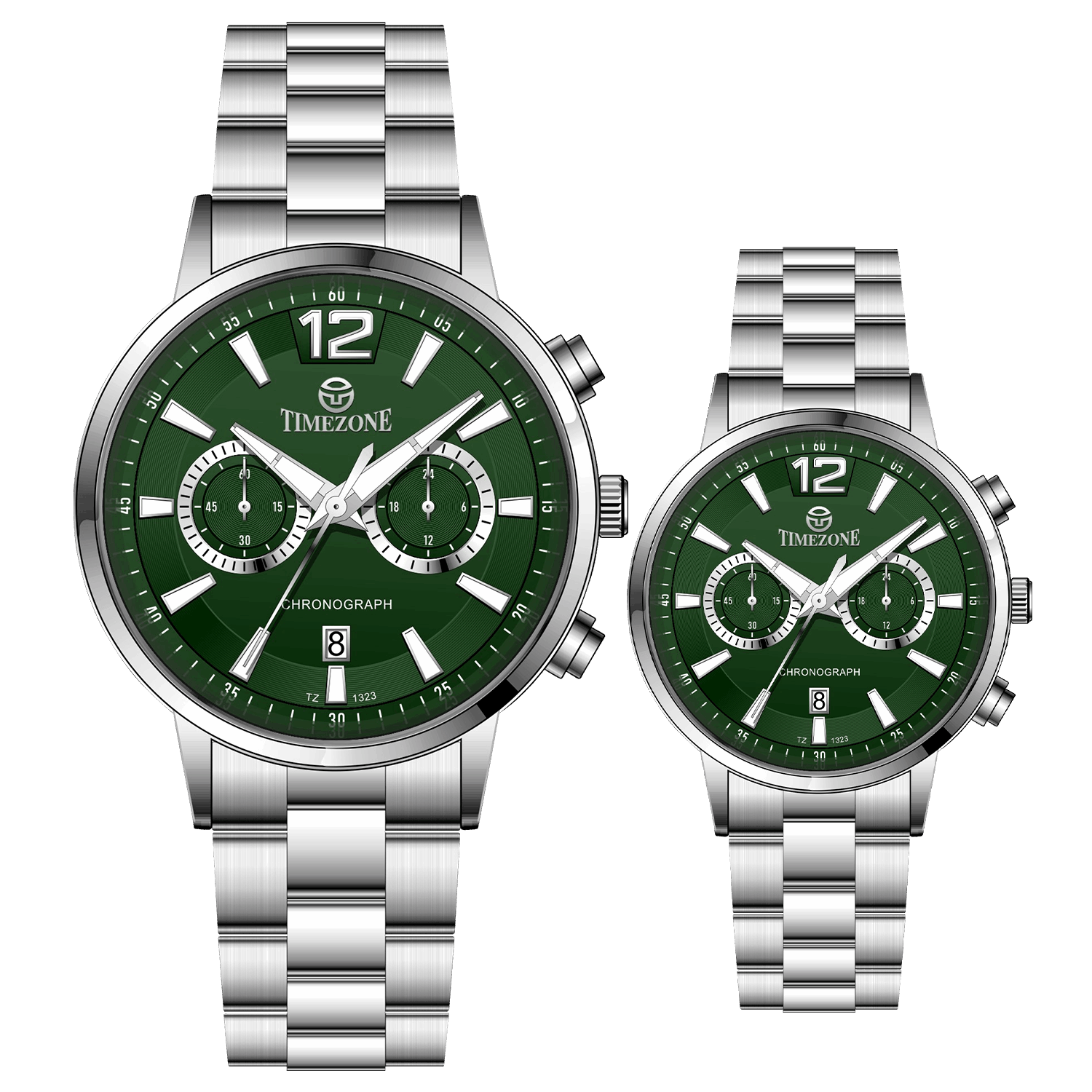 Branded couple wrist watches in pakistan. A pair of silver stainless steel watches with white dials and chronograph features.