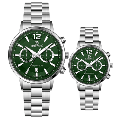 Branded couple wrist watches in pakistan. A pair of silver stainless steel watches with white dials and chronograph features.