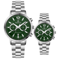 Branded couple wrist watches in pakistan. A pair of silver stainless steel watches with white dials and chronograph features.