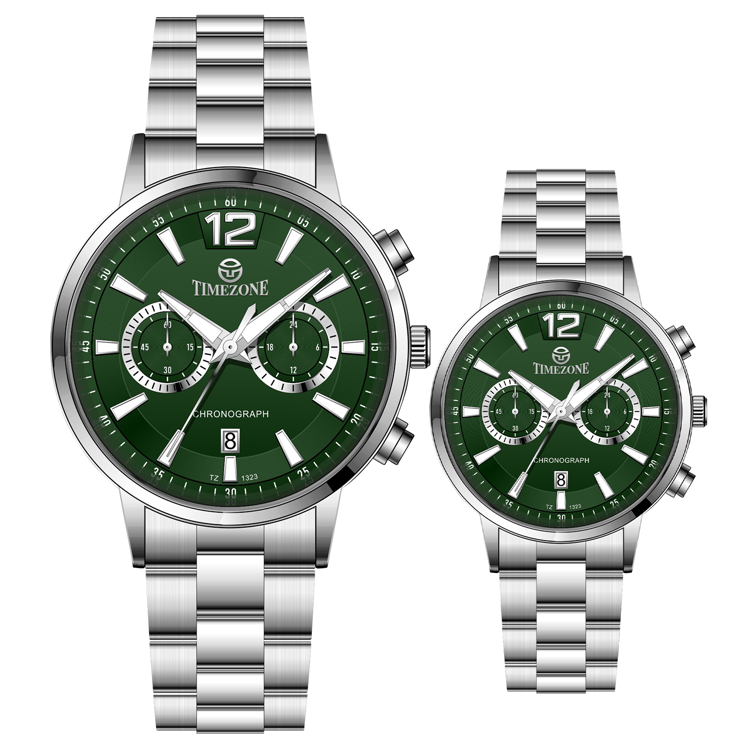 Branded couple wrist watches in pakistan. A pair of silver stainless steel watches with white dials and chronograph features.