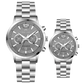 Branded couple wrist watches in pakistan. A pair of silver stainless steel watches with white dials and chronograph features.