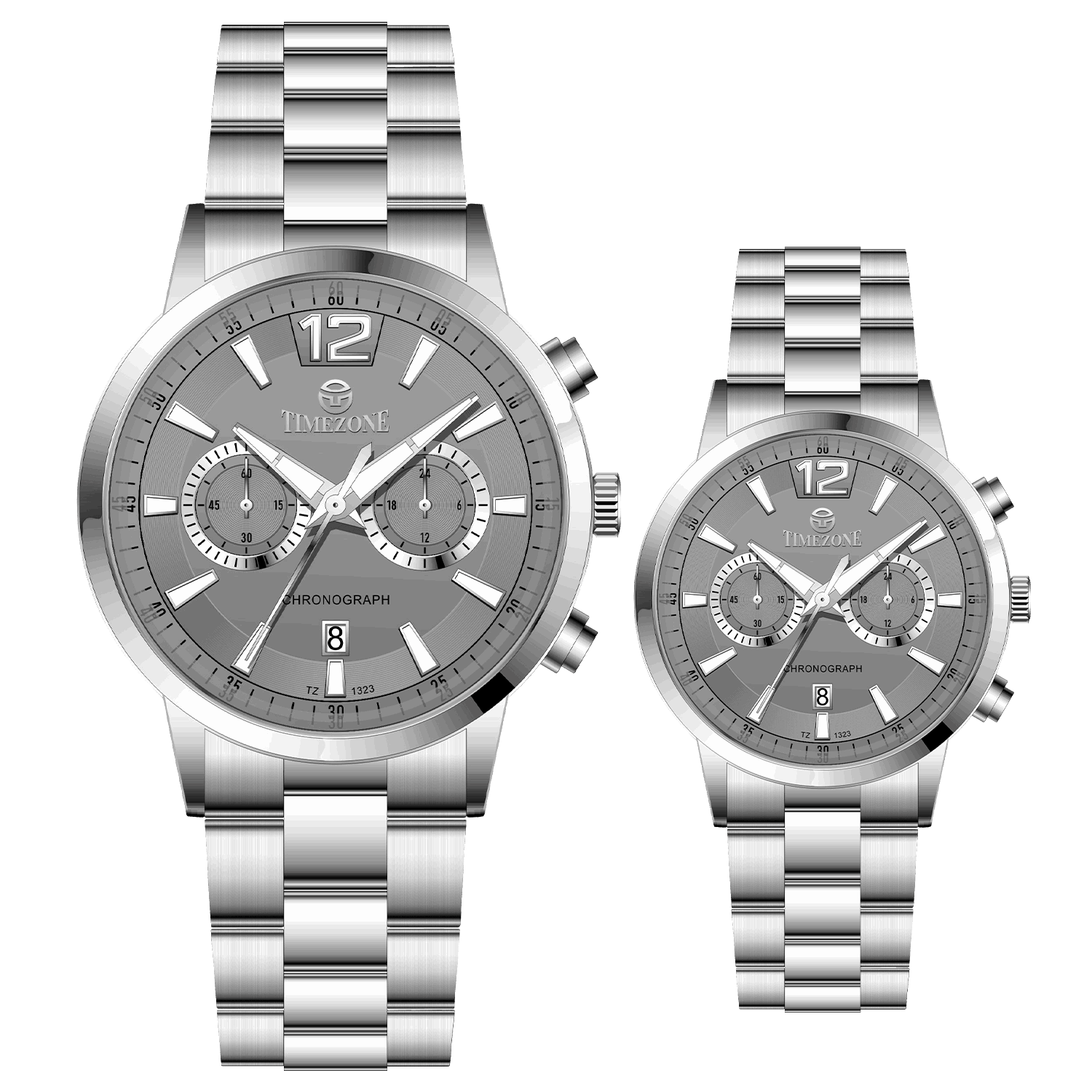 Branded couple wrist watches in pakistan. A pair of silver stainless steel watches with white dials and chronograph features.