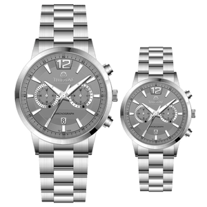 Branded couple wrist watches in pakistan. A pair of silver stainless steel watches with white dials and chronograph features.