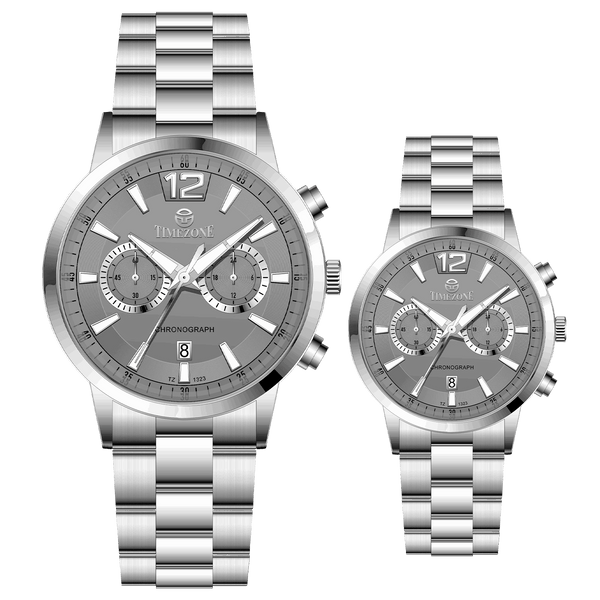 Branded couple wrist watches in pakistan. A pair of silver stainless steel watches with white dials and chronograph features.