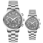 Branded couple wrist watches in pakistan. A pair of silver stainless steel watches with white dials and chronograph features.