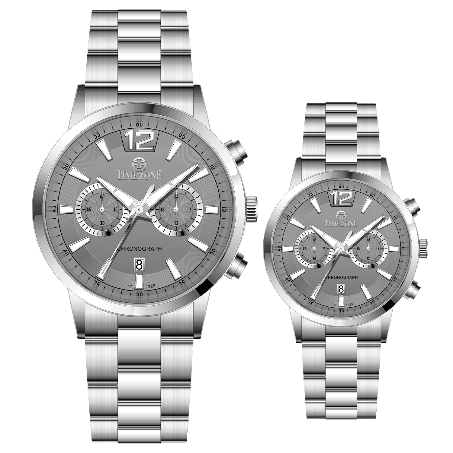 Branded couple wrist watches in pakistan. A pair of silver stainless steel watches with white dials and chronograph features.