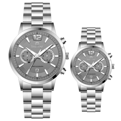 Branded couple wrist watches in pakistan. A pair of silver stainless steel watches with white dials and chronograph features.