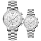 Branded couple wrist watches in pakistan. A pair of silver stainless steel watches with white dials and chronograph features.