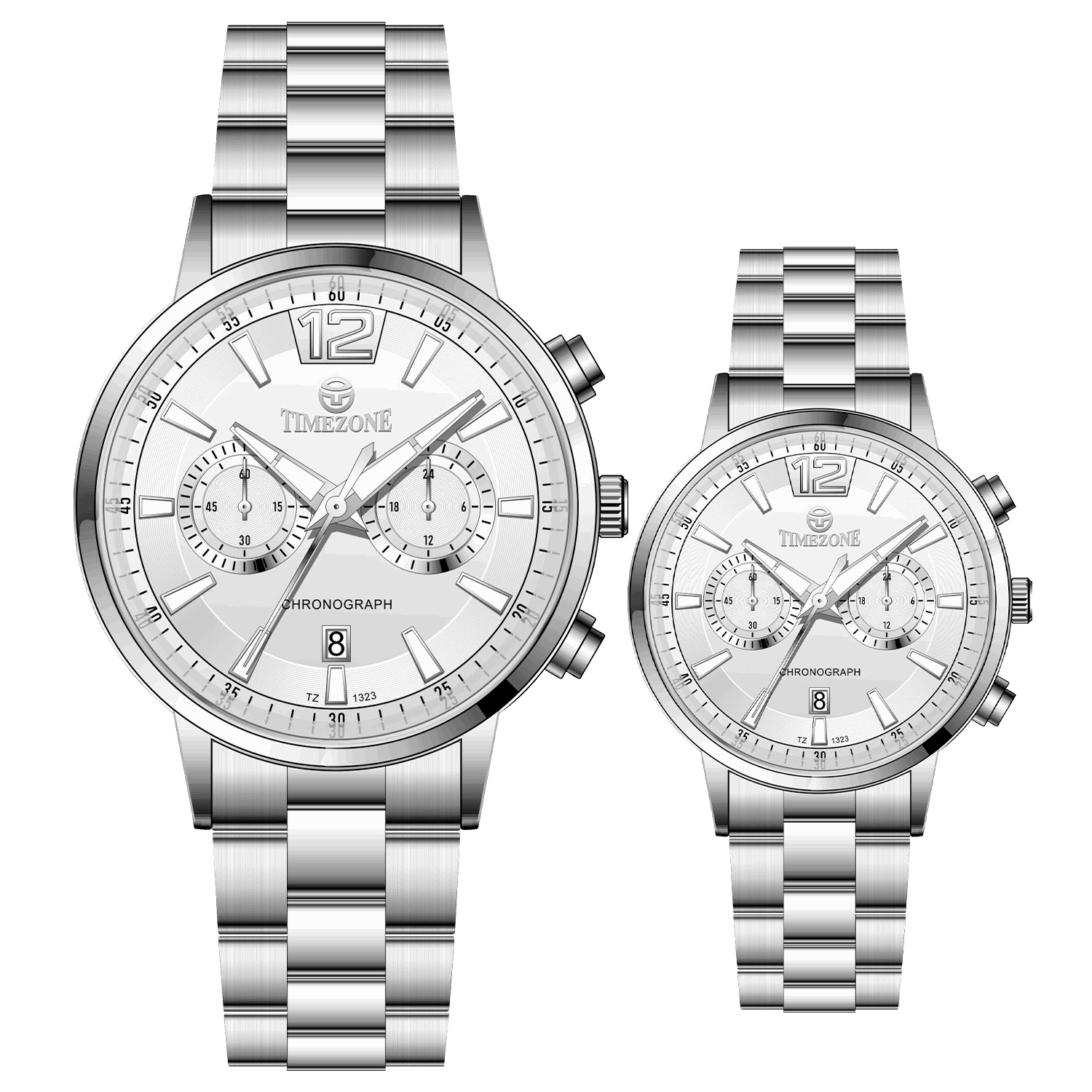 Branded couple wrist watches in pakistan. A pair of silver stainless steel watches with white dials and chronograph features.