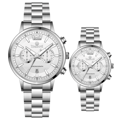 Branded couple wrist watches in pakistan. A pair of silver stainless steel watches with white dials and chronograph features.