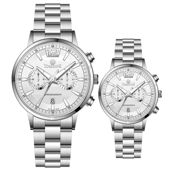 Branded couple wrist watches in pakistan. A pair of silver stainless steel watches with white dials and chronograph features.
