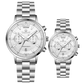 Branded couple wrist watches in pakistan. A pair of silver stainless steel watches with white dials and chronograph features.