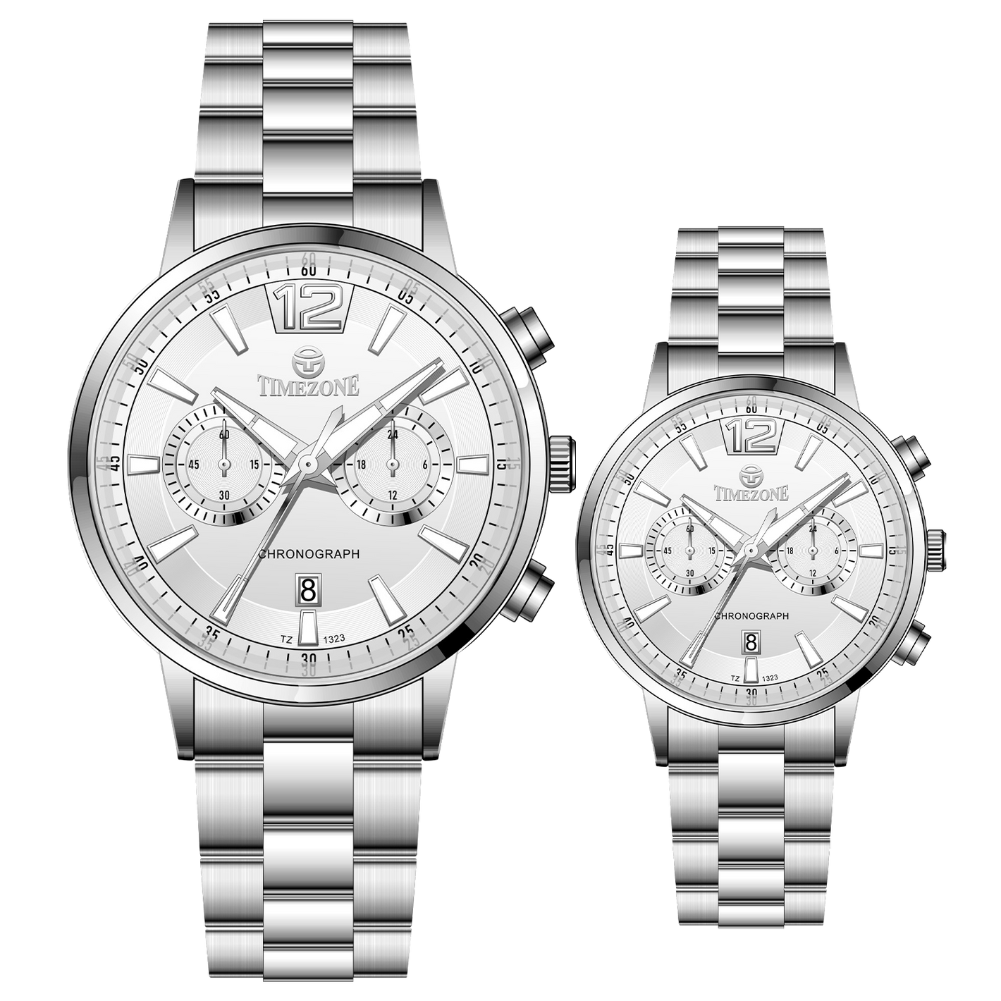 Branded couple wrist watches in pakistan. A pair of silver stainless steel watches with white dials and chronograph features.