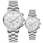 Branded couple wrist watches in pakistan. A pair of silver stainless steel watches with white dials and chronograph features.