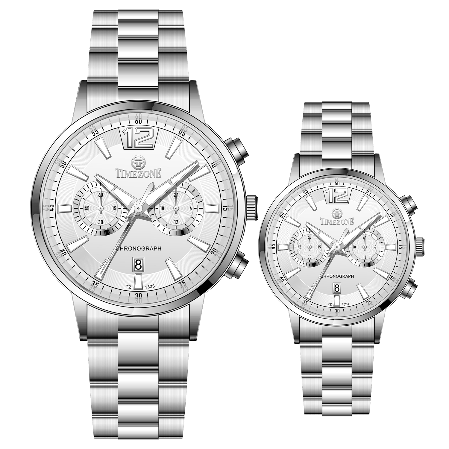 Branded couple wrist watches in pakistan. A pair of silver stainless steel watches with white dials and chronograph features.
