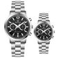 Branded couple wrist watches in pakistan. A pair of silver stainless steel watches with white dials and chronograph features.