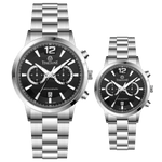 Branded couple wrist watches in pakistan. A pair of silver stainless steel watches with white dials and chronograph features.