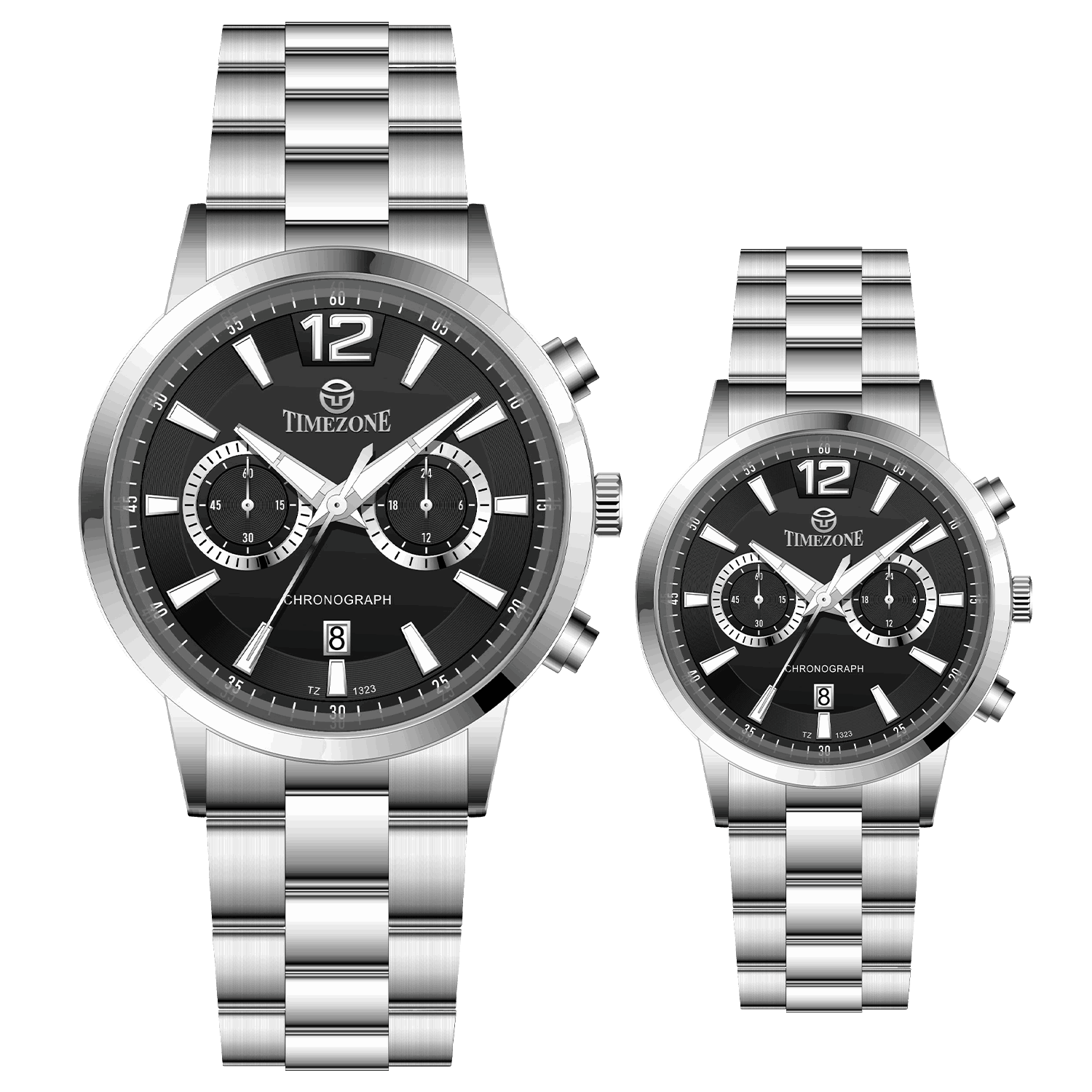 Branded couple wrist watches in pakistan. A pair of silver stainless steel watches with white dials and chronograph features.