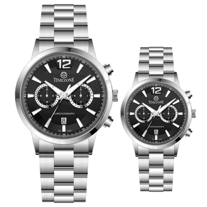 Branded couple wrist watches in pakistan. A pair of silver stainless steel watches with white dials and chronograph features.