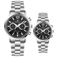 Branded couple wrist watches in pakistan. A pair of silver stainless steel watches with white dials and chronograph features.