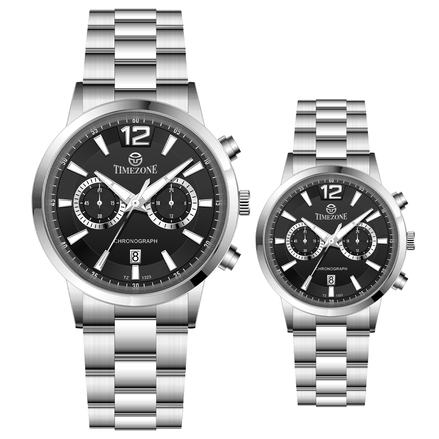 Branded couple wrist watches in pakistan. A pair of silver stainless steel watches with white dials and chronograph features.