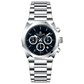 A silver stainless steel Timezone Watches branded watch with a chronograph movement, featuring a round dial with multiple subdials and a stainless steel band. Discover timezone watches: elegant branded wrist watch for men in pakistan.