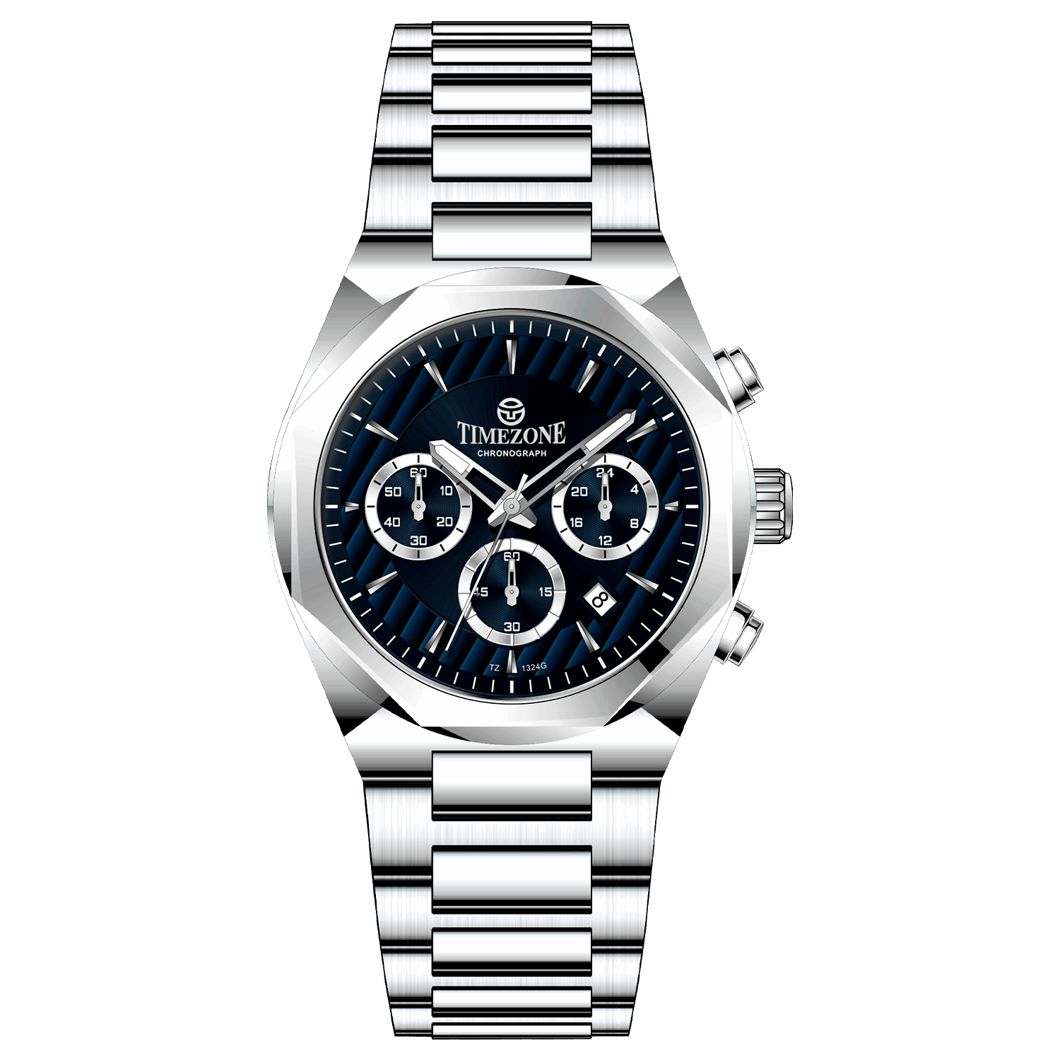 A silver stainless steel Timezone Watches branded watch with a chronograph movement, featuring a round dial with multiple subdials and a stainless steel band. Discover timezone watches: elegant branded wrist watch for men in pakistan.