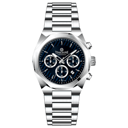 A silver stainless steel Timezone Watches branded watch with a chronograph movement, featuring a round dial with multiple subdials and a stainless steel band. Discover timezone watches: elegant branded wrist watch for men in pakistan.