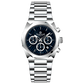 A silver stainless steel Timezone Watches branded watch with a chronograph movement, featuring a round dial with multiple subdials and a stainless steel band. Discover timezone watches: elegant branded wrist watch for men in pakistan.