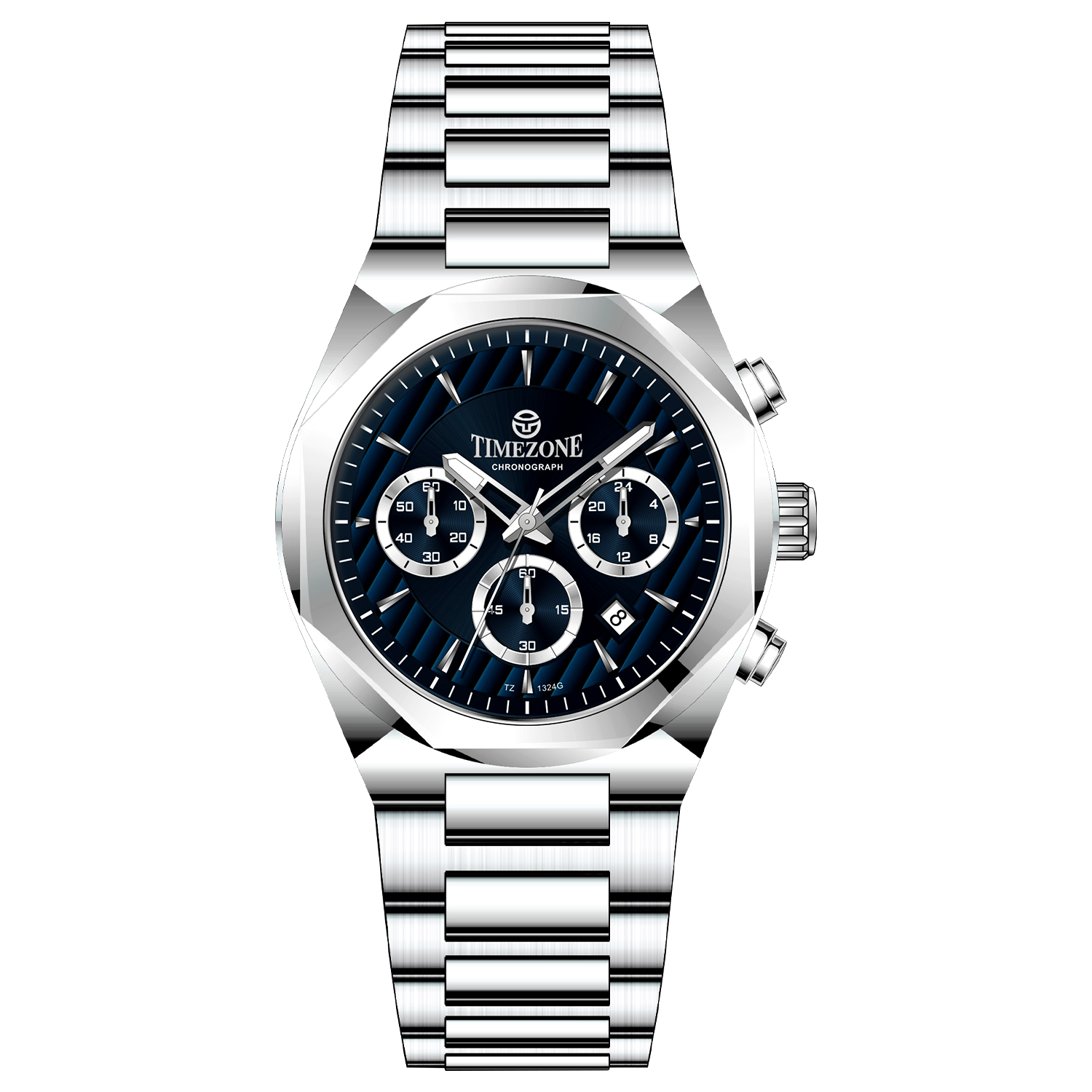 A silver stainless steel Timezone Watches branded watch with a chronograph movement, featuring a round dial with multiple subdials and a stainless steel band. Discover timezone watches: elegant branded wrist watch for men in pakistan.