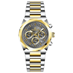 A branded watch with a stainless steel band and a silver-colored dial featuring a chronograph movement, day-date display, and a gold-tone case. Discover timezone watches: elegant branded wrist watches for men in pakistan.
