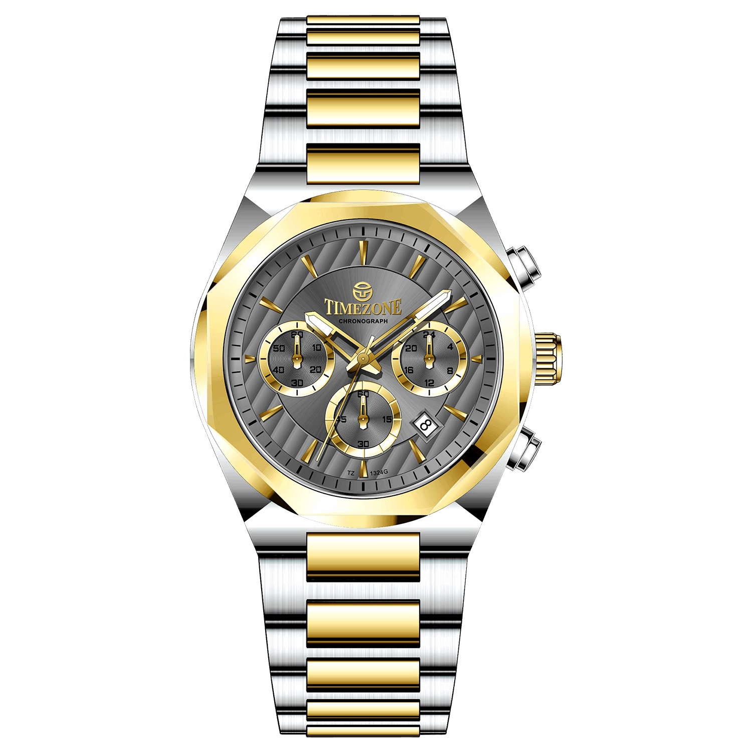 A branded watch with a stainless steel band and a silver-colored dial featuring a chronograph movement, day-date display, and a gold-tone case. Discover timezone watches: elegant branded wrist watches for men in pakistan.