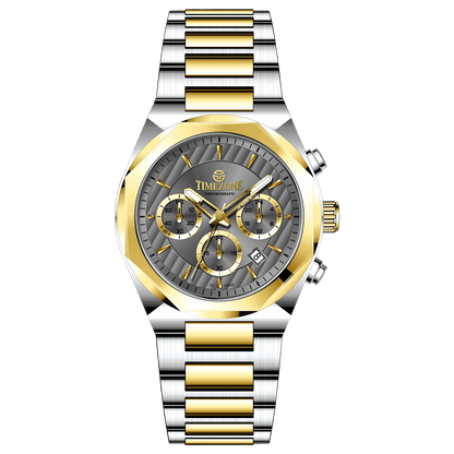 A branded watch with a stainless steel band and a silver-colored dial featuring a chronograph movement, day-date display, and a gold-tone case. Discover timezone watches: elegant branded wrist watches for men in pakistan.