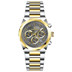 A branded watch with a stainless steel band and a silver-colored dial featuring a chronograph movement, day-date display, and a gold-tone case. Discover timezone watches: elegant branded wrist watches for men in pakistan.