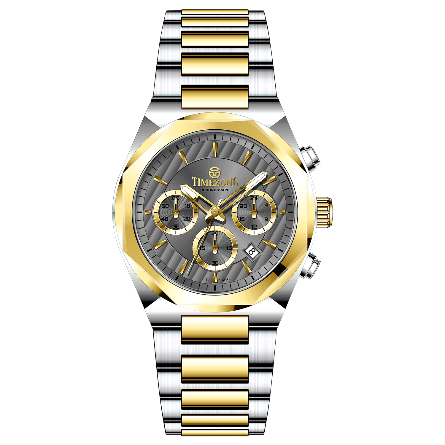 A branded watch with a stainless steel band and a silver-colored dial featuring a chronograph movement, day-date display, and a gold-tone case. Discover timezone watches: elegant branded wrist watches for men in pakistan.