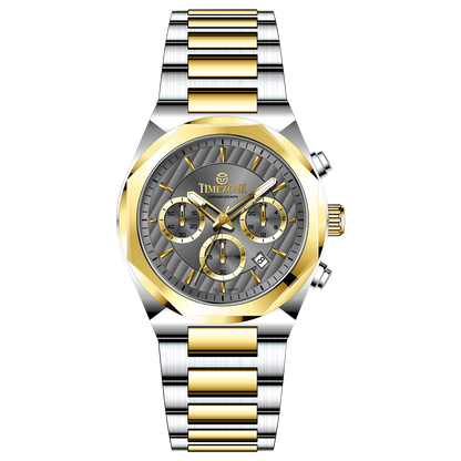A branded watch with a stainless steel band and a silver-colored dial featuring a chronograph movement, day-date display, and a gold-tone case. Discover timezone watches: elegant branded wrist watches for men in pakistan.