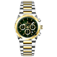 A Timezone Watches branded watch with a stainless steel band and a silver-colored dial featuring a chronograph movement, day-date display, and a gold-tone case.