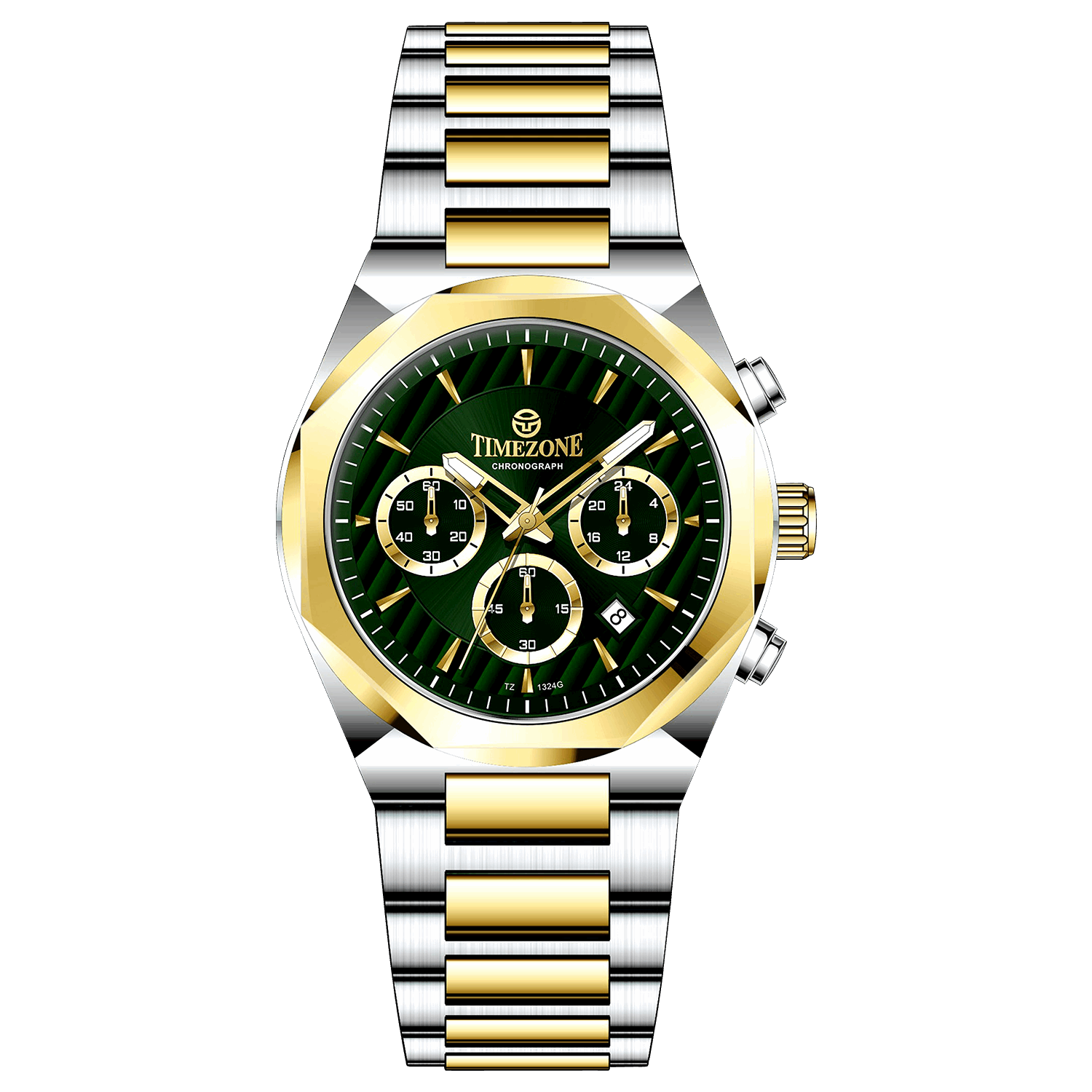 A Timezone Watches branded watch with a stainless steel band and a silver-colored dial featuring a chronograph movement, day-date display, and a gold-tone case.