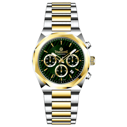 A Timezone Watches branded watch with a stainless steel band and a silver-colored dial featuring a chronograph movement, day-date display, and a gold-tone case.