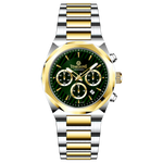 A Timezone Watches branded watch with a stainless steel band and a silver-colored dial featuring a chronograph movement, day-date display, and a gold-tone case.