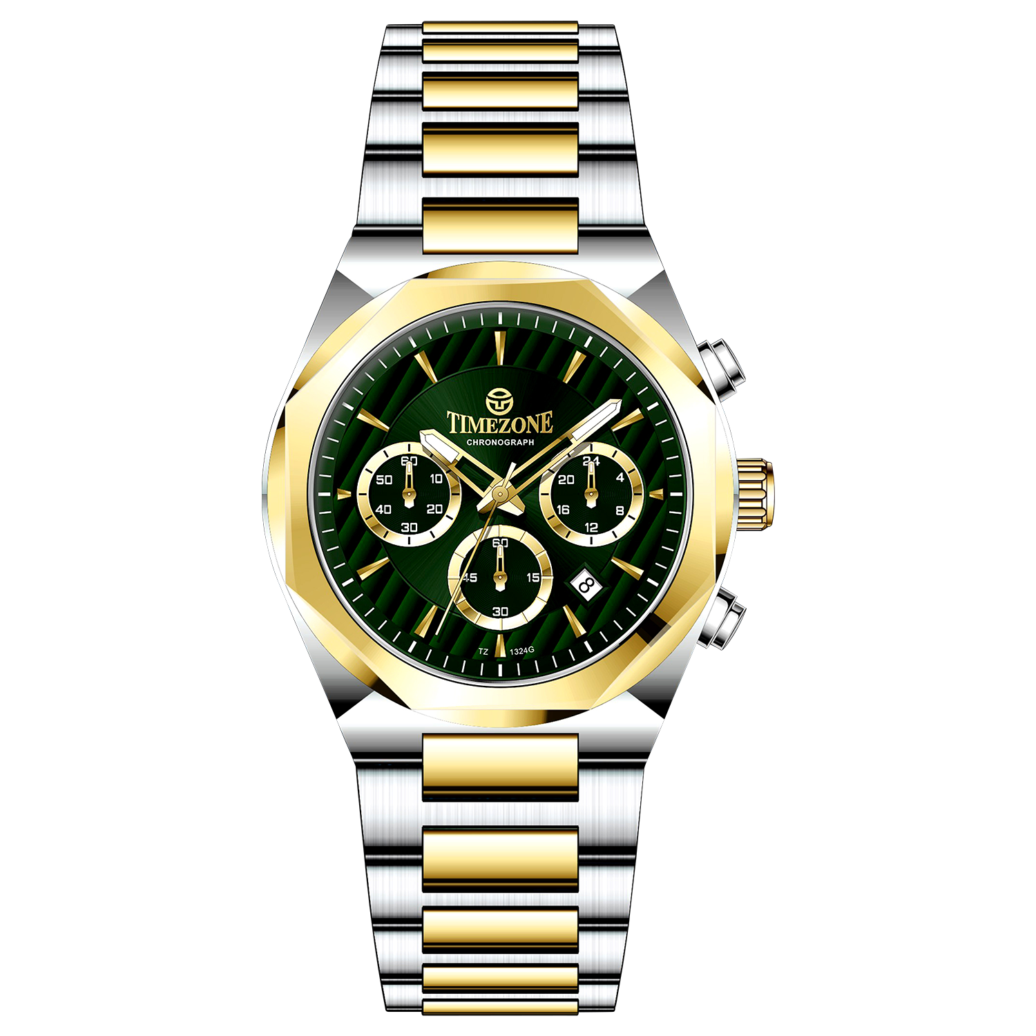A Timezone Watches branded watch with a stainless steel band and a silver-colored dial featuring a chronograph movement, day-date display, and a gold-tone case.