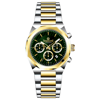 A Timezone Watches branded watch with a stainless steel band and a silver-colored dial featuring a chronograph movement, day-date display, and a gold-tone case.