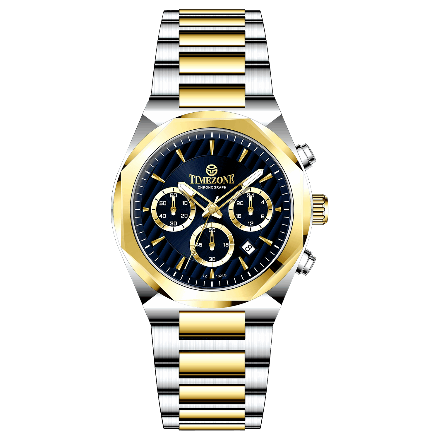 A Timezone Watches branded watch with a stainless steel band and a silver-colored dial featuring a chronograph movement, day-date display, and a gold-tone case.
Discover timezone watches: elegant branded wrist watches for men in pakistan.